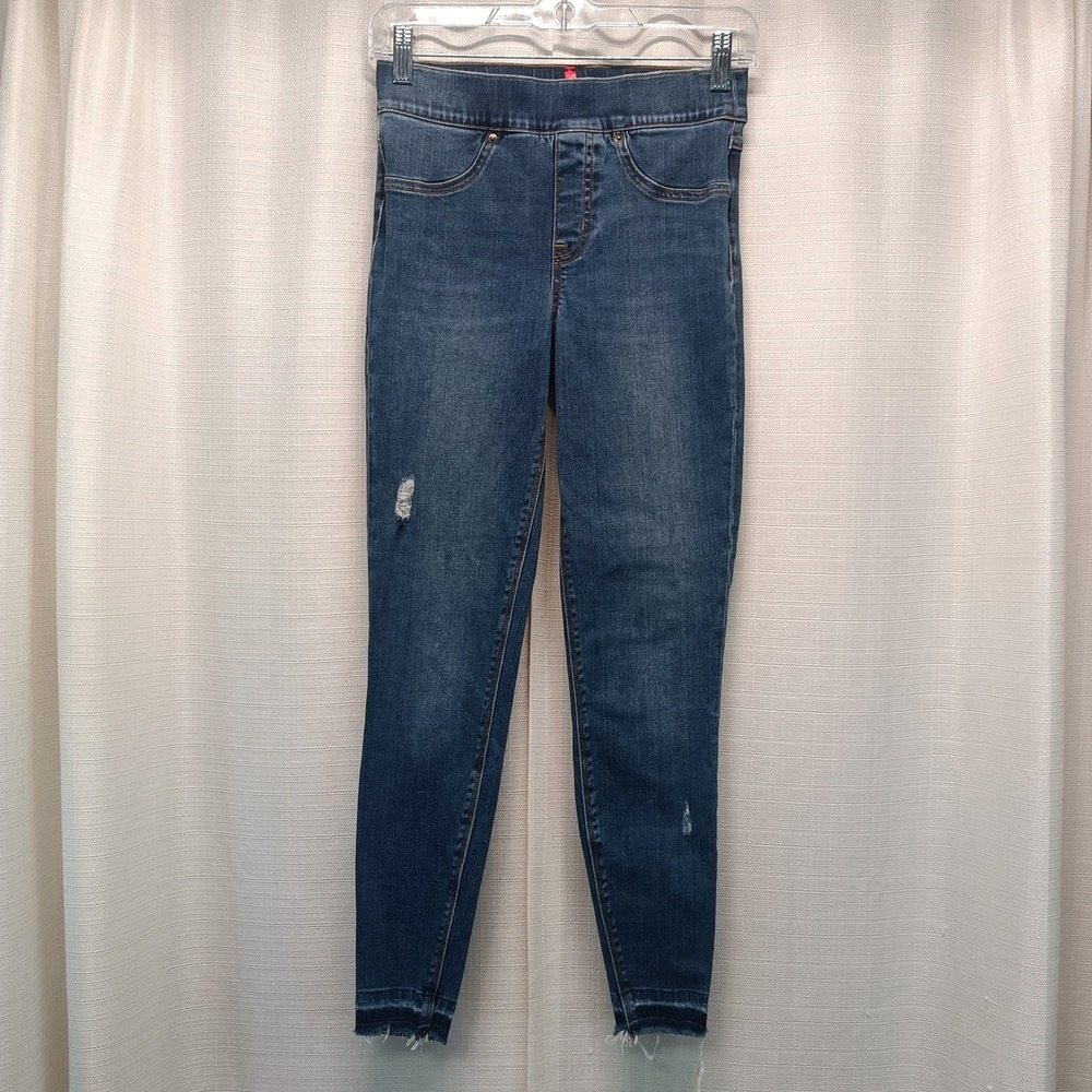 Spanx Womens Ankle Skinny Jeans Medium Wash Distressed Raw Hem Womens XS‎